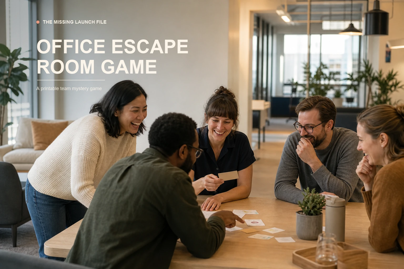 Coworkers playing a printable office escape room game in a modern office common area