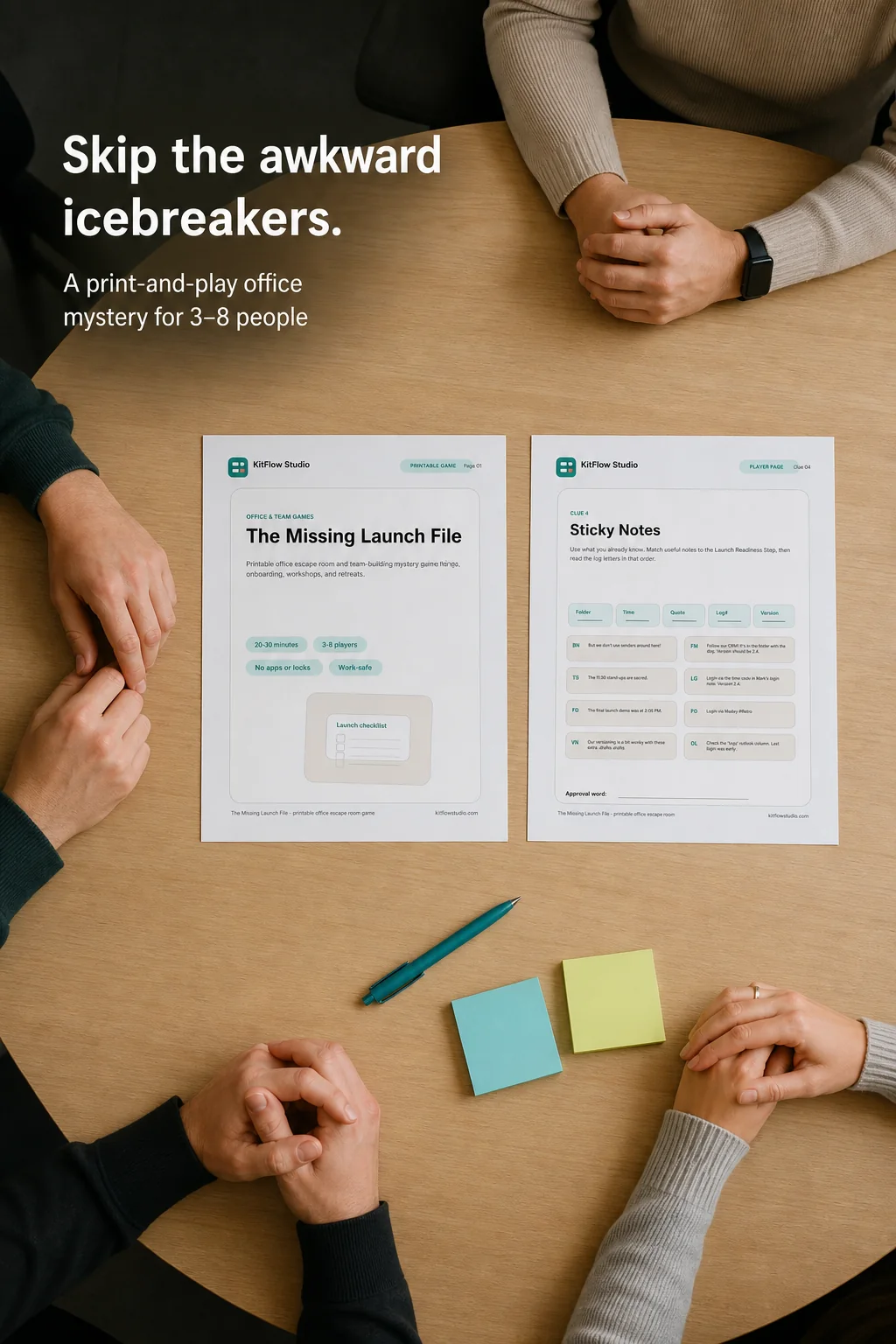 Printable office escape room kit with player pages, host guide, hints, and answer key