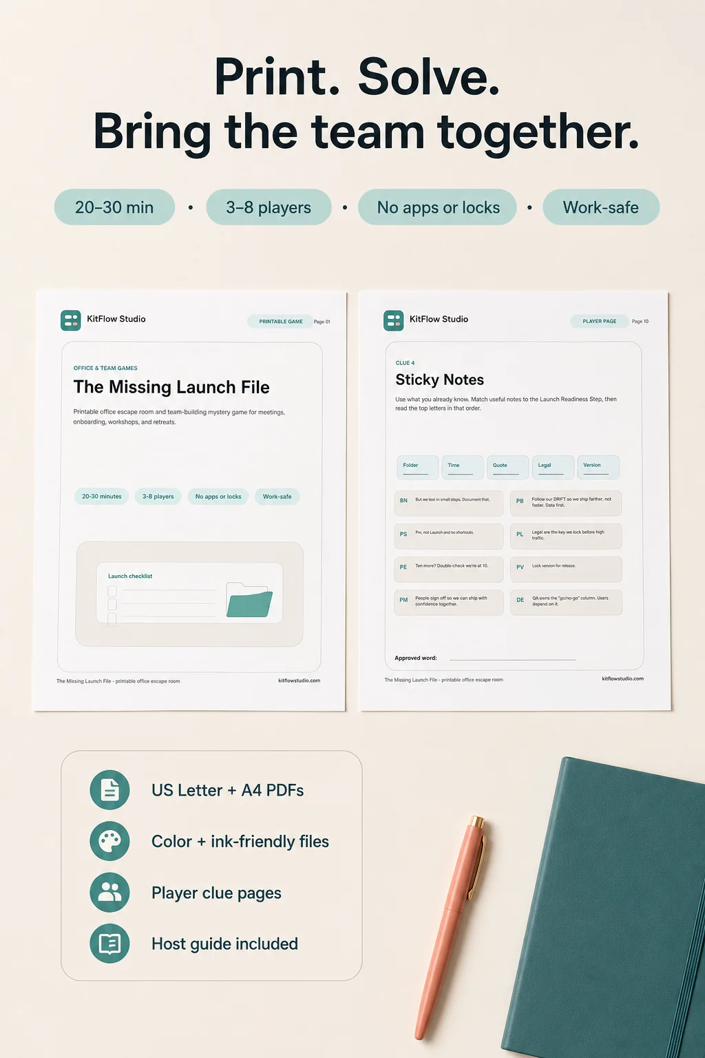 The Missing Launch File printable office escape room sample pages with non-spoiler player pages