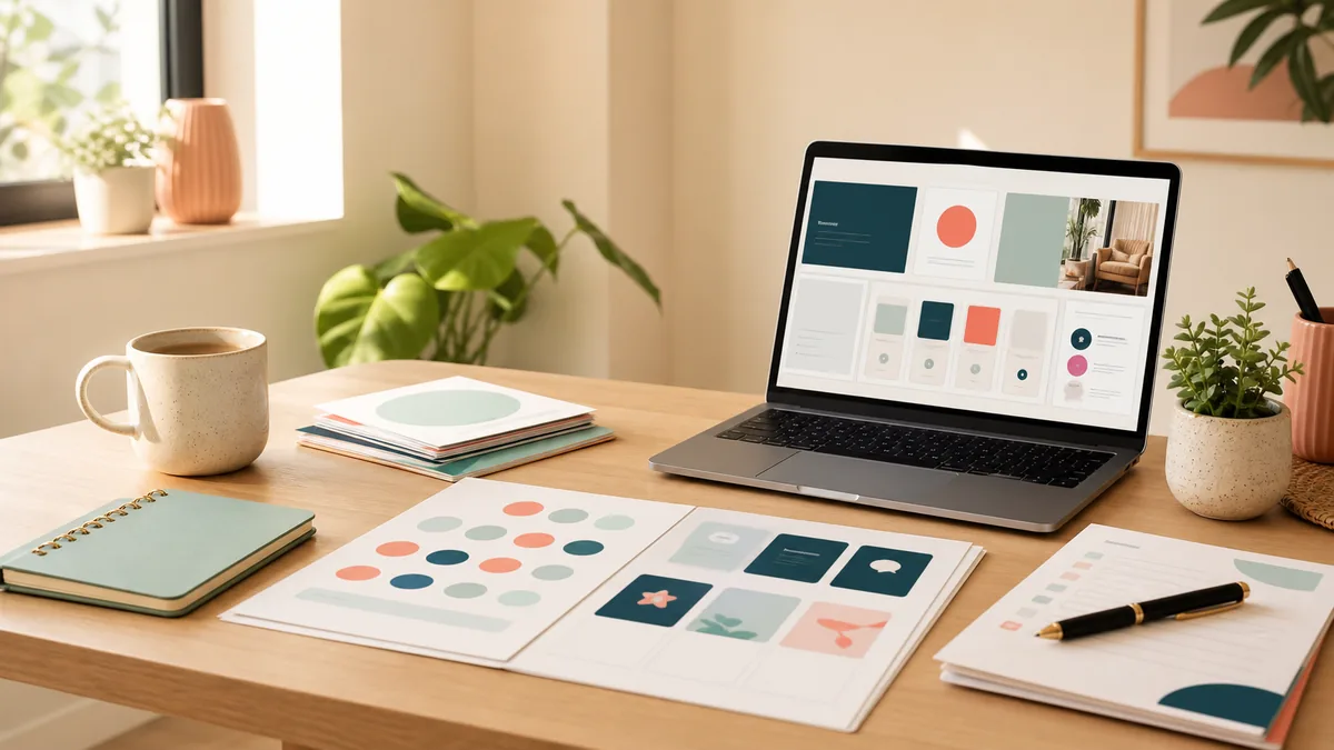 Warm workspace with laptop and print-ready digital kit materials for KitFlow Studio