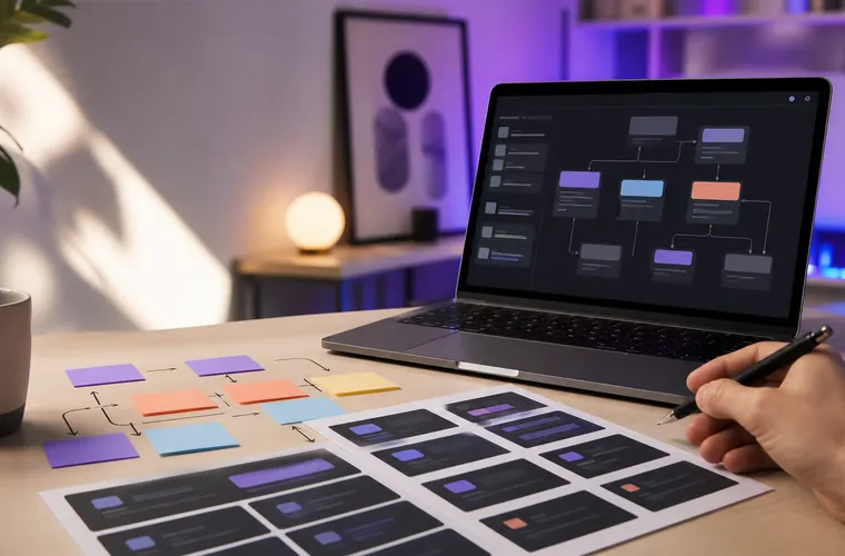 AI workflow desk with laptop and organized prompt interface