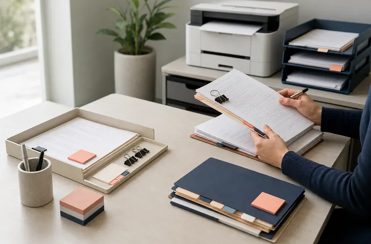Small business paperwork desk with printer, forms, and folders