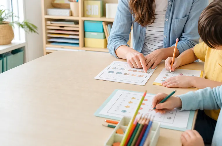 Bright desk with classroom worksheets and teaching materials