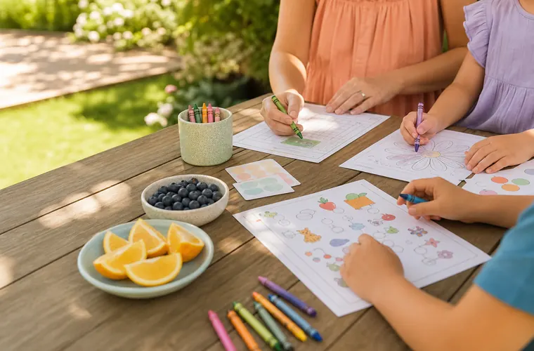 Cozy family table with kids activity printables and crayons