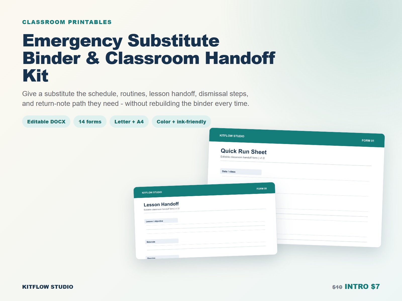 Emergency substitute lesson handoff pages designed for offline classroom use