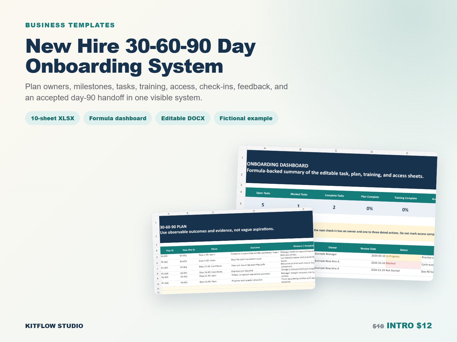 New hire 30-60-90 day onboarding system with real Excel dashboard previews