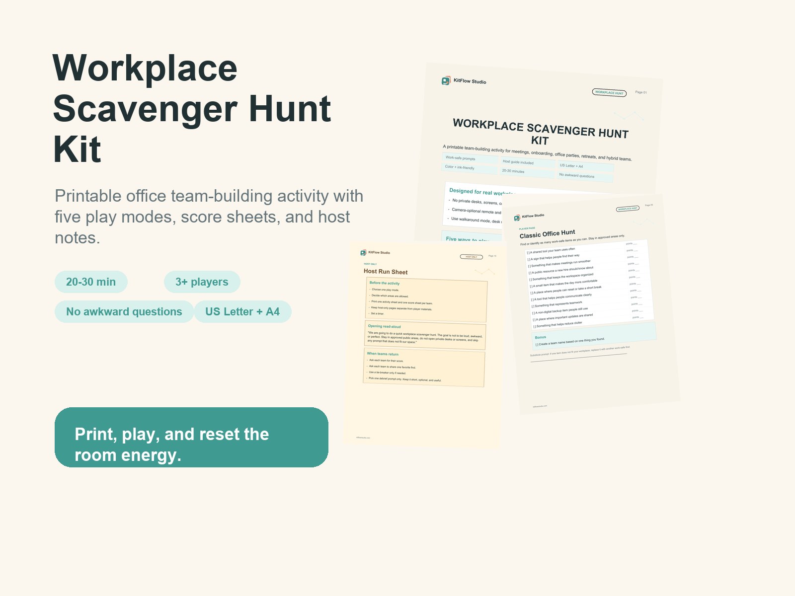 Printable workplace scavenger hunt kit preview with host guide, score sheet, and activity pages