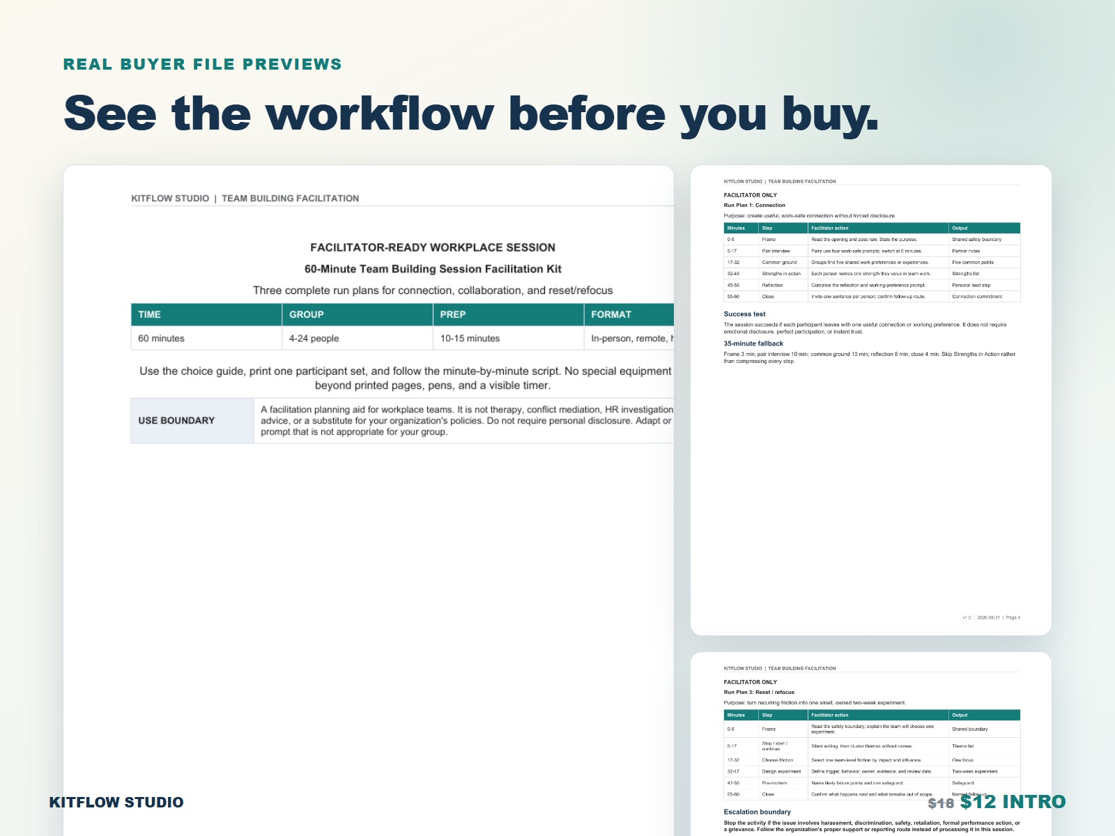 Real buyer file previews from the team building facilitation kit