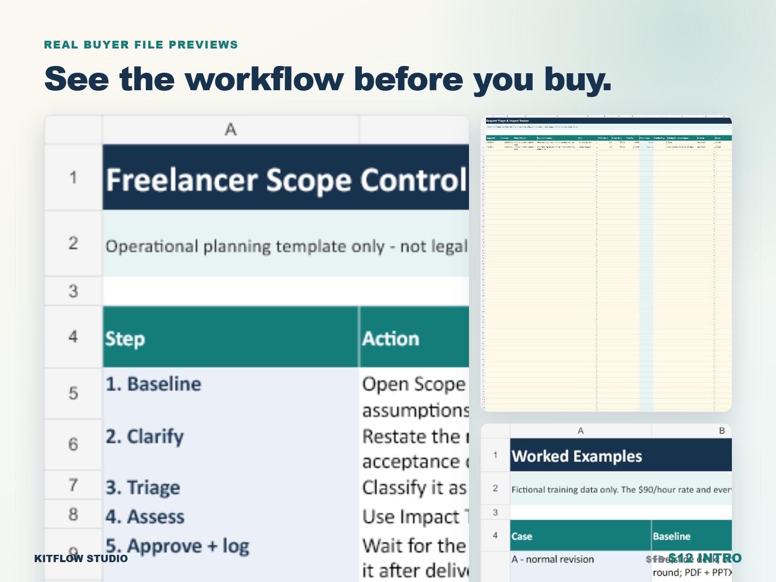 Scope baseline, impact tracker, and worked example file previews