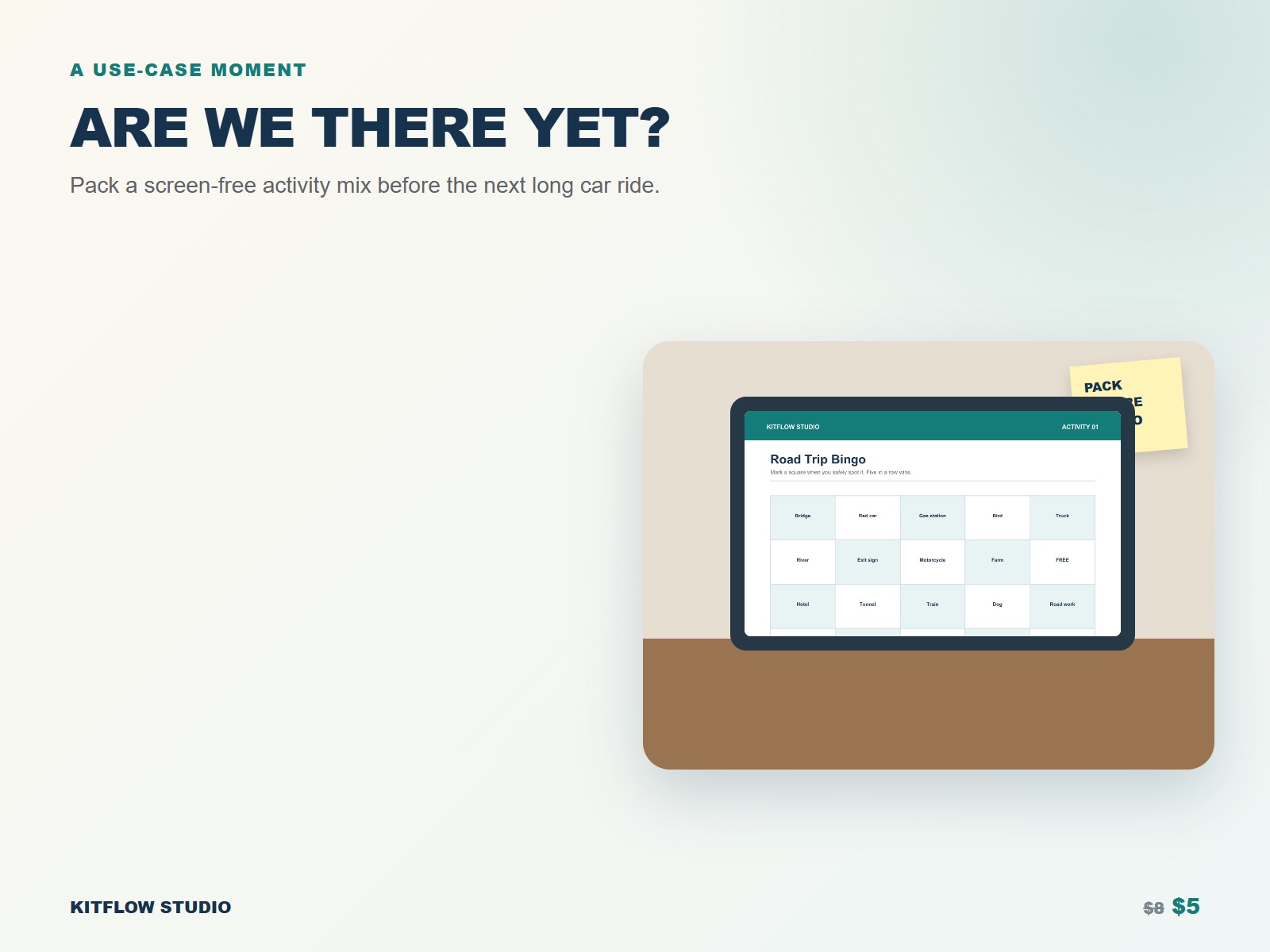 Road trip activity pack shown in a recognizable travel-planning use-case mockup