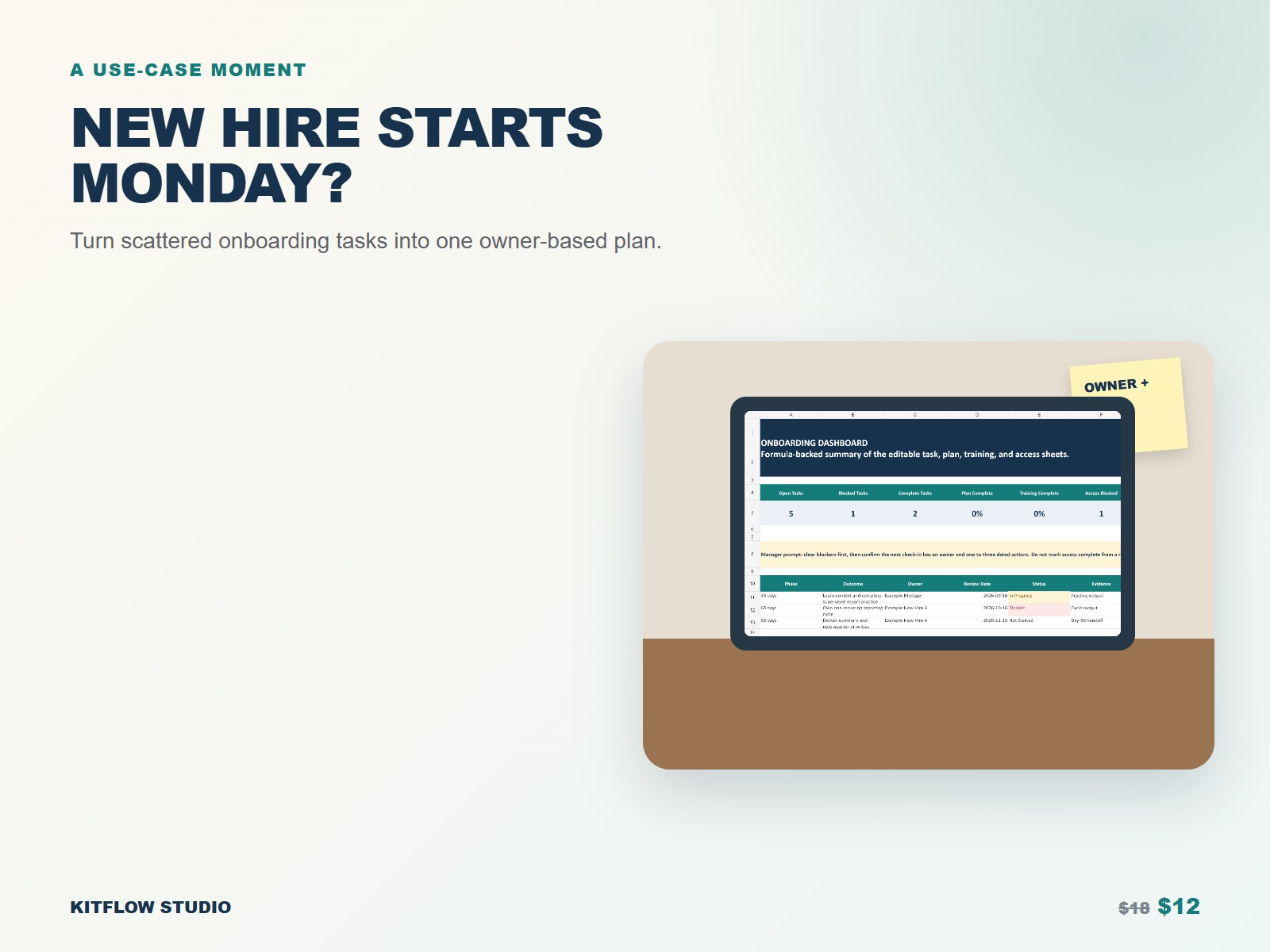 New hire onboarding workbook shown in a recognizable manager planning use-case mockup