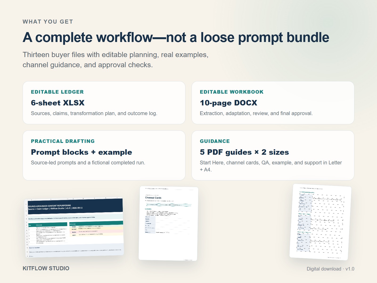 Editable content repurposing kit with Excel ledger Word workbook prompts and PDF guides