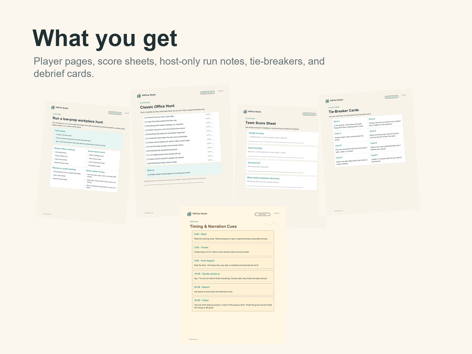 Sample preview pages from a printable workplace scavenger hunt kit