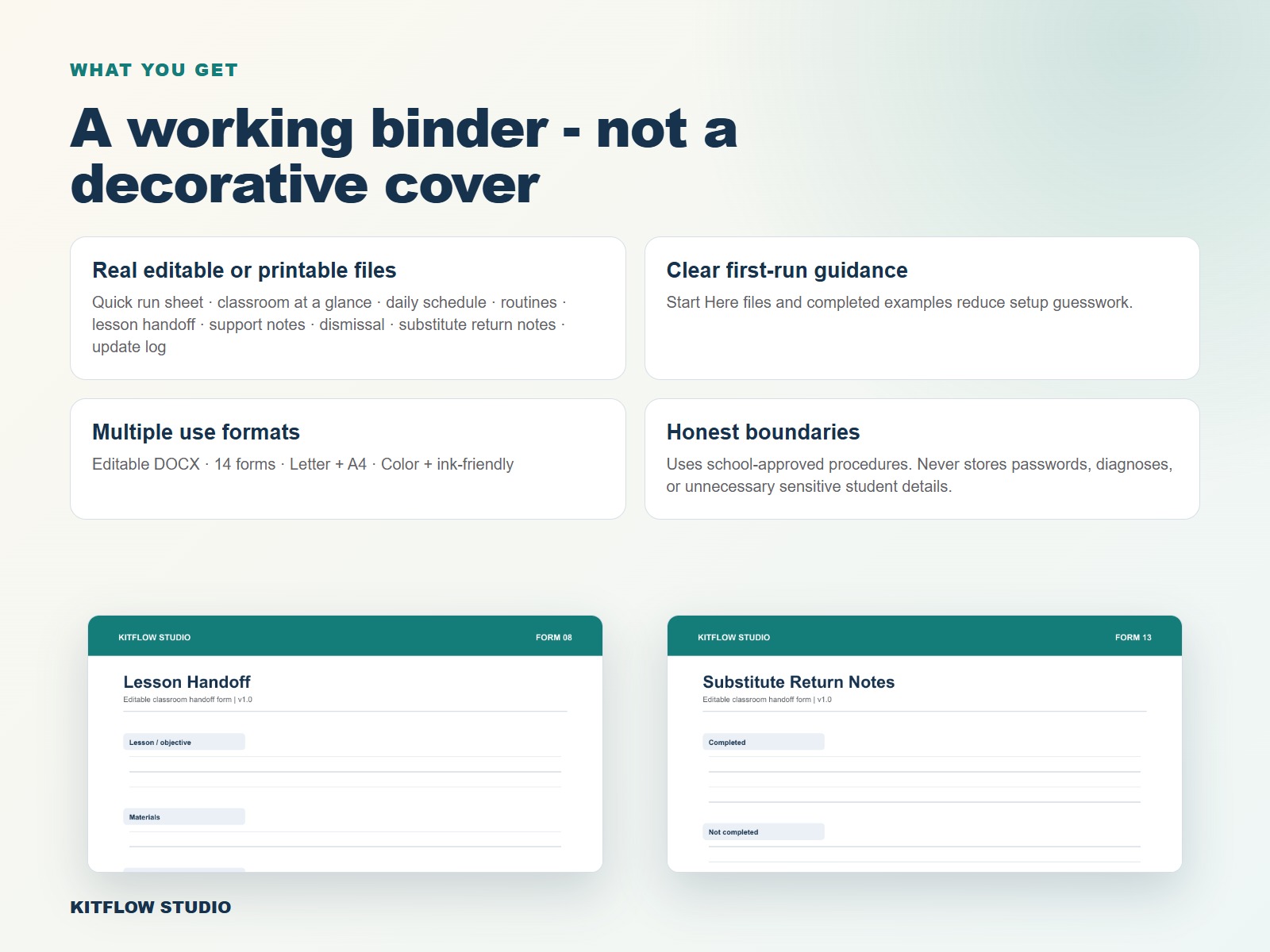 Included forms in the editable substitute teacher binder