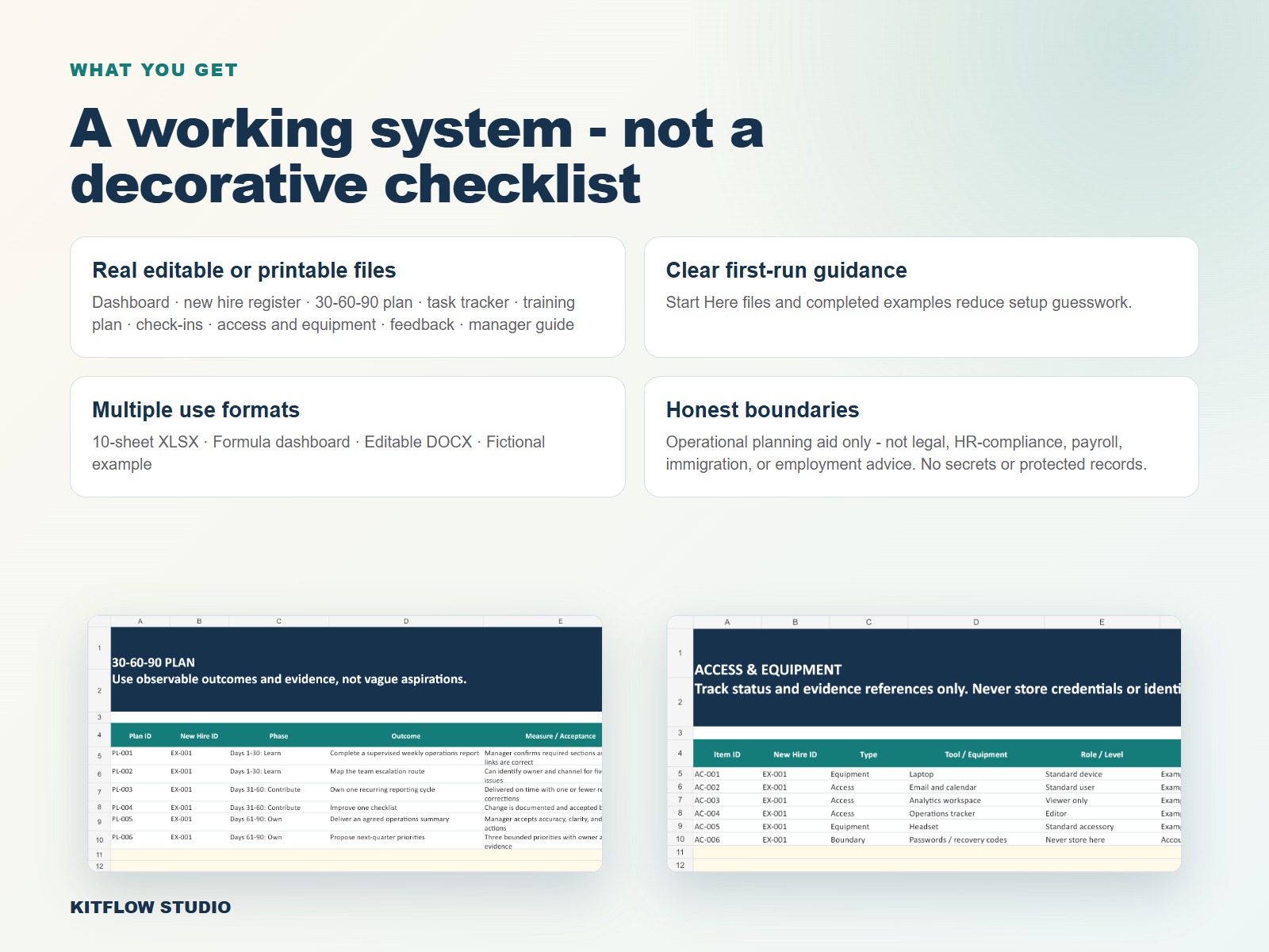 Included sheets in the 30 60 90 day onboarding template