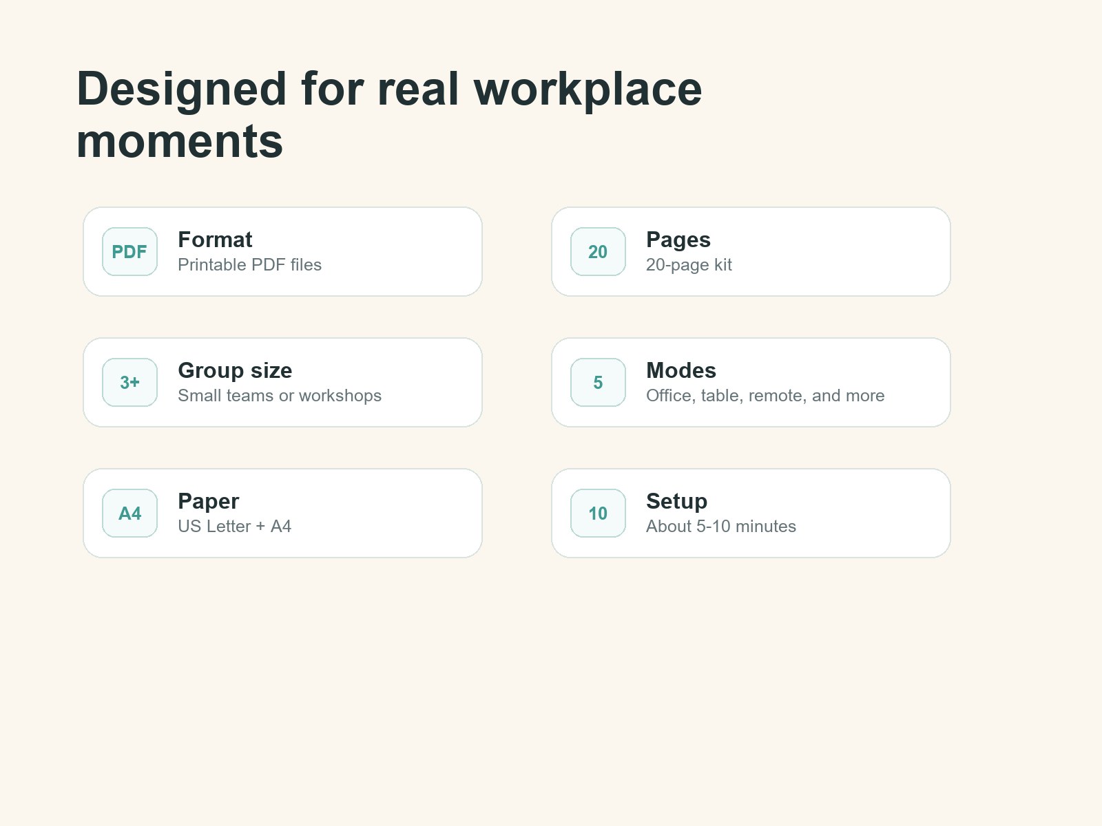 Quick specs for a printable workplace scavenger hunt kit