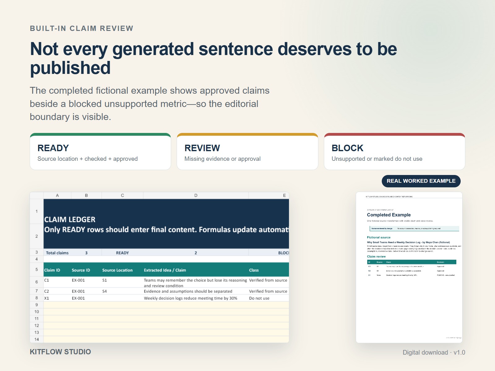 Source and claim ledger showing approved and blocked content claims
