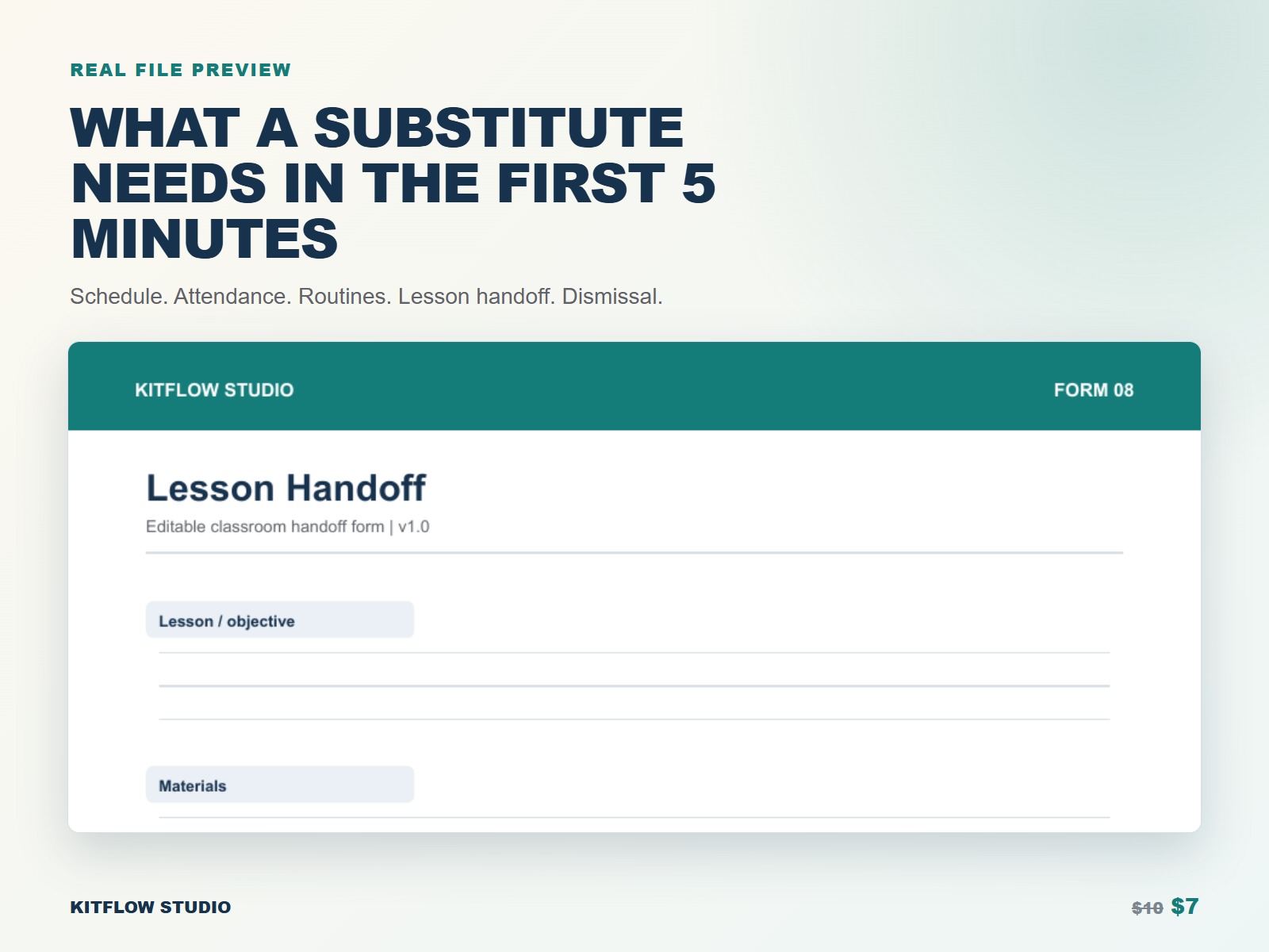 Real substitute binder lesson handoff page preview