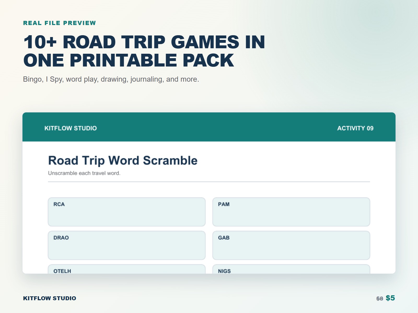 Real printable road trip word game and journal page preview