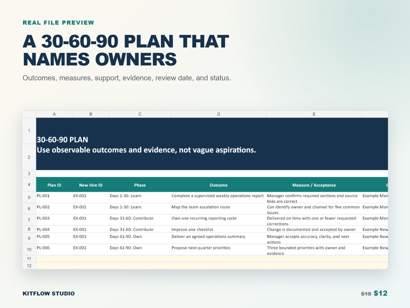 Real 30 60 90 plan spreadsheet preview with owners and evidence