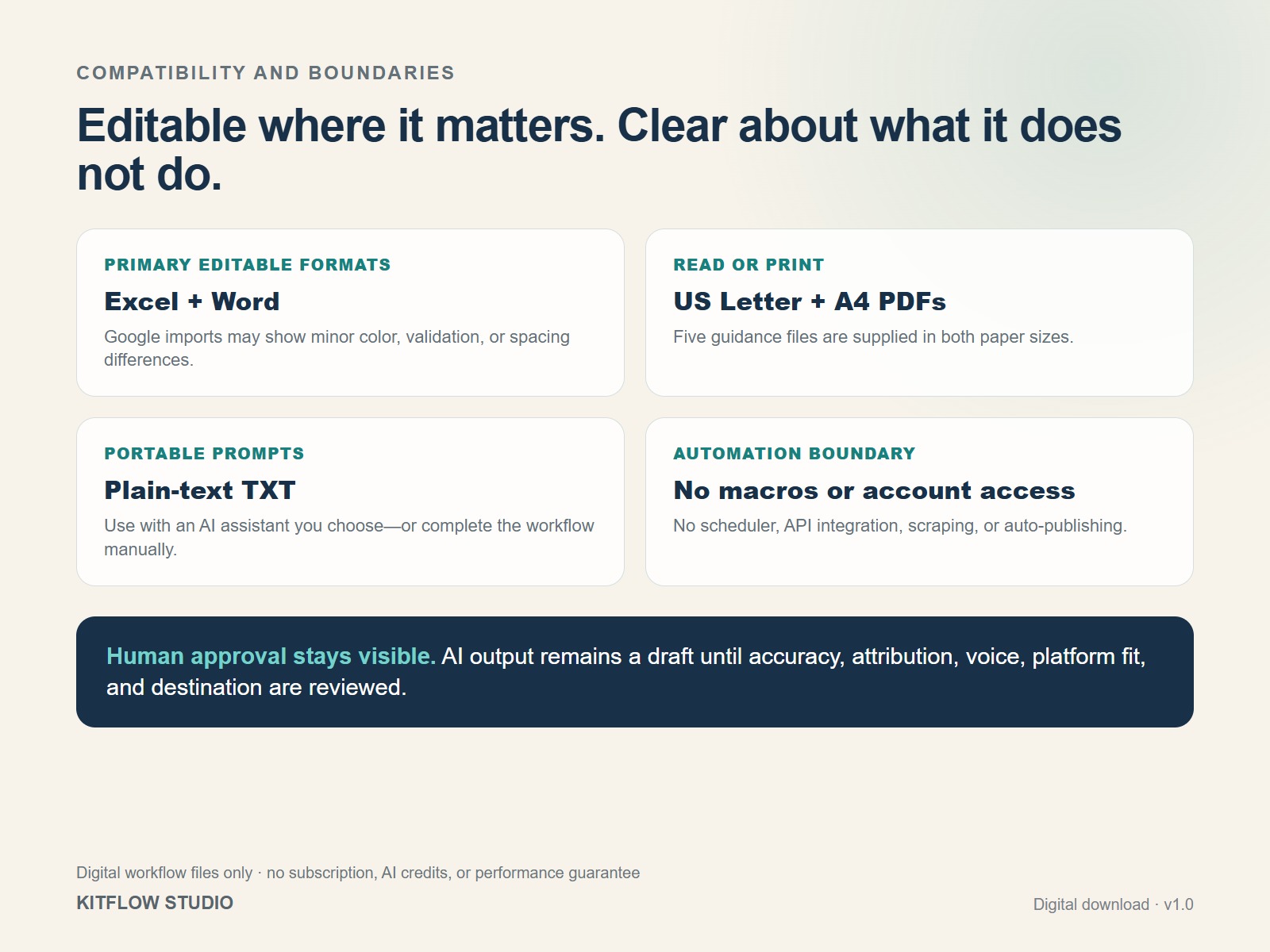 Content workflow compatibility for Excel Word PDF Letter A4 and plain text prompts
