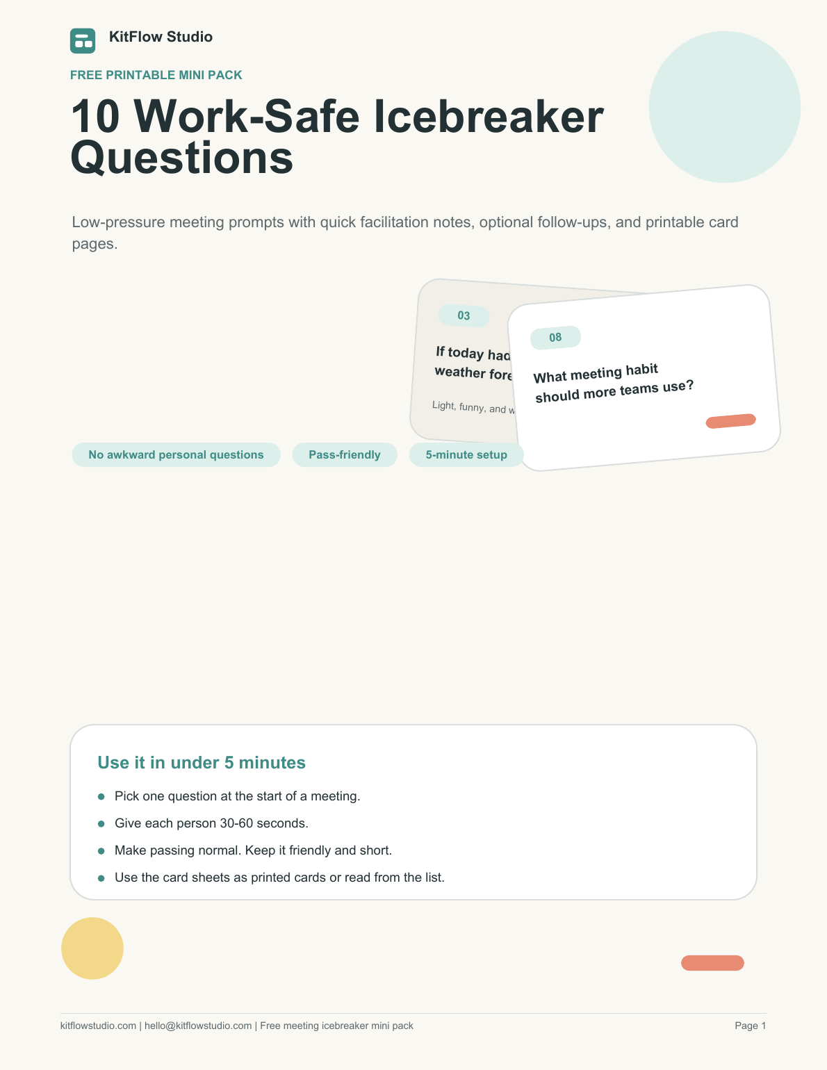 Preview page from the free work-safe icebreaker questions printable pack