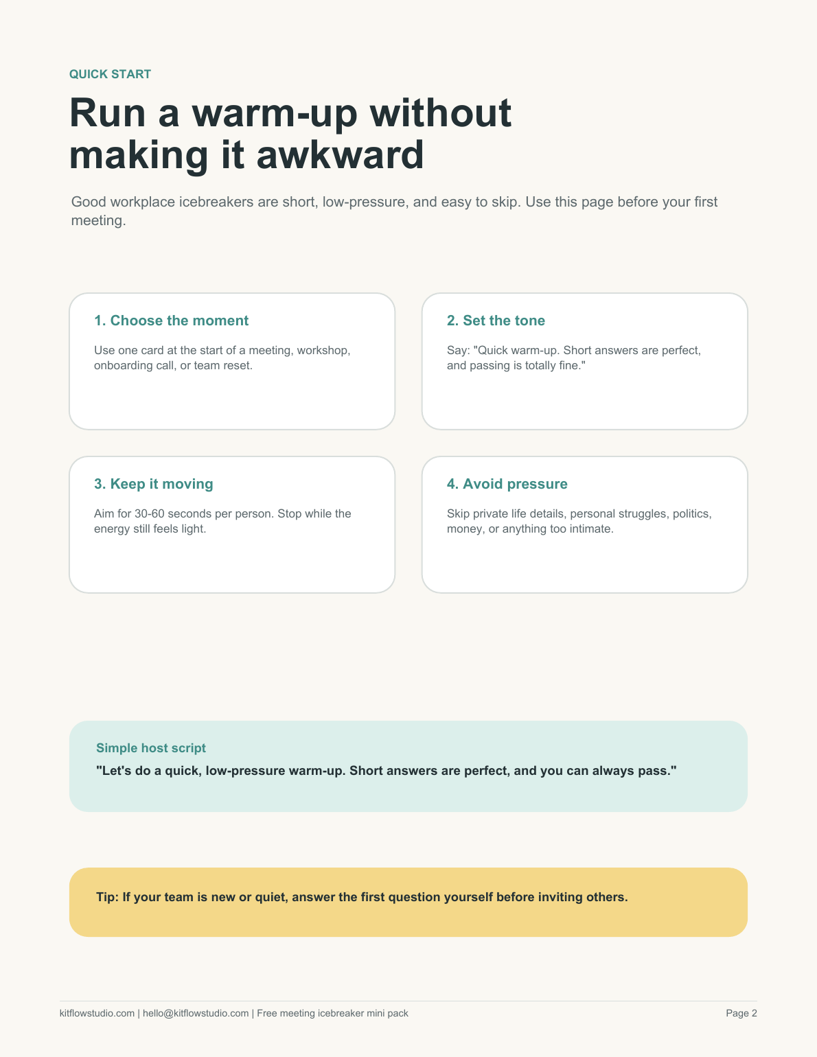 Preview page from the free work-safe icebreaker questions printable pack