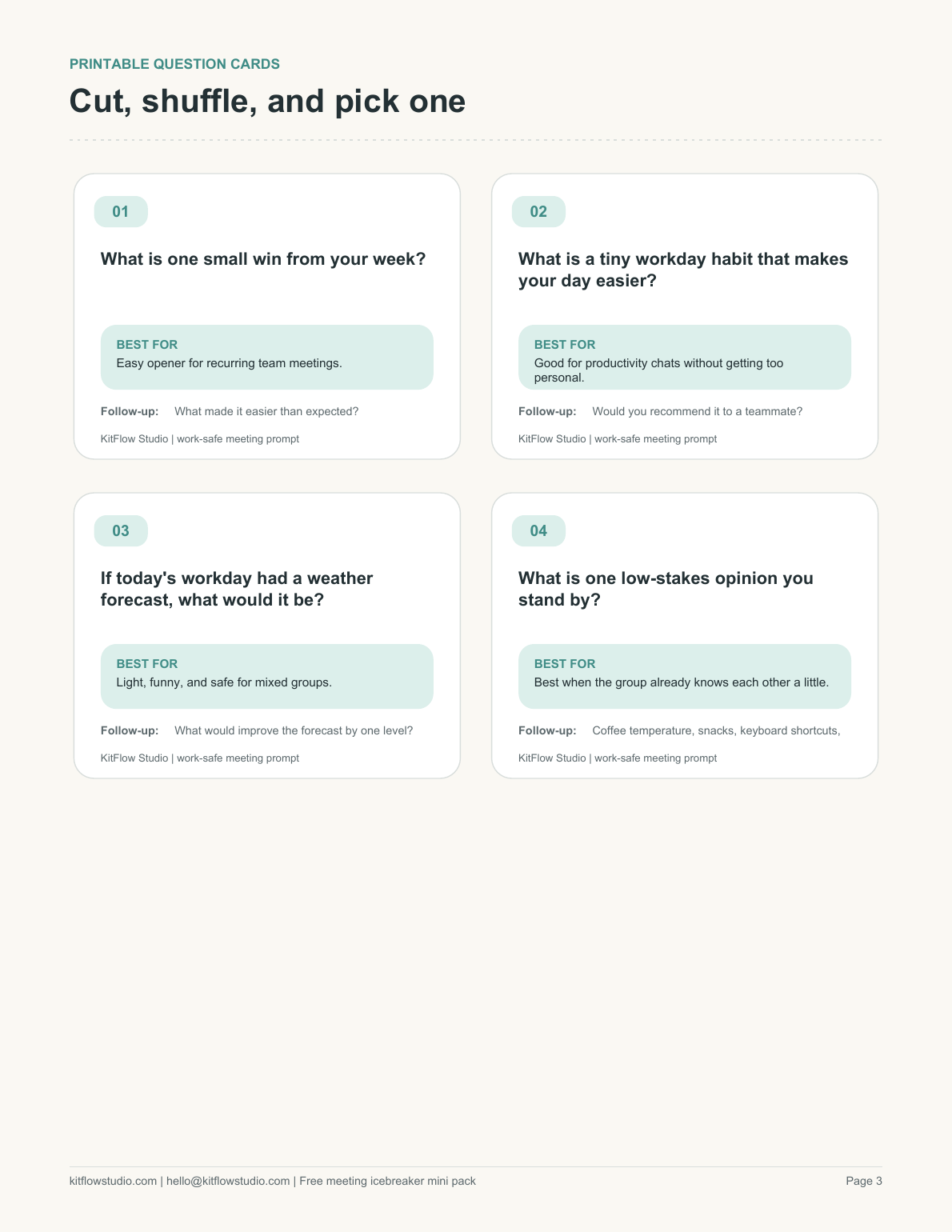 Preview page from the free work-safe icebreaker questions printable pack