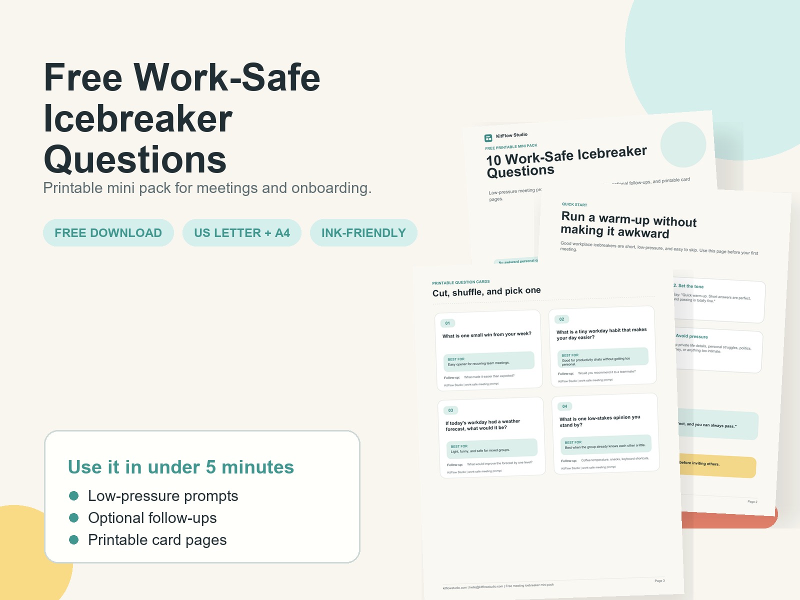 Free work-safe icebreaker questions printable mini pack preview