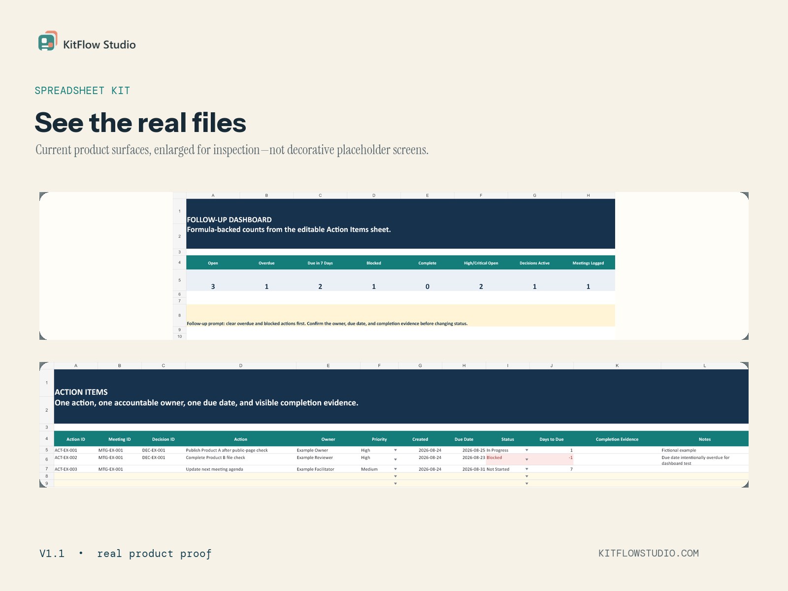 Real Excel dashboard and action register from the Meeting Decisions tracker
