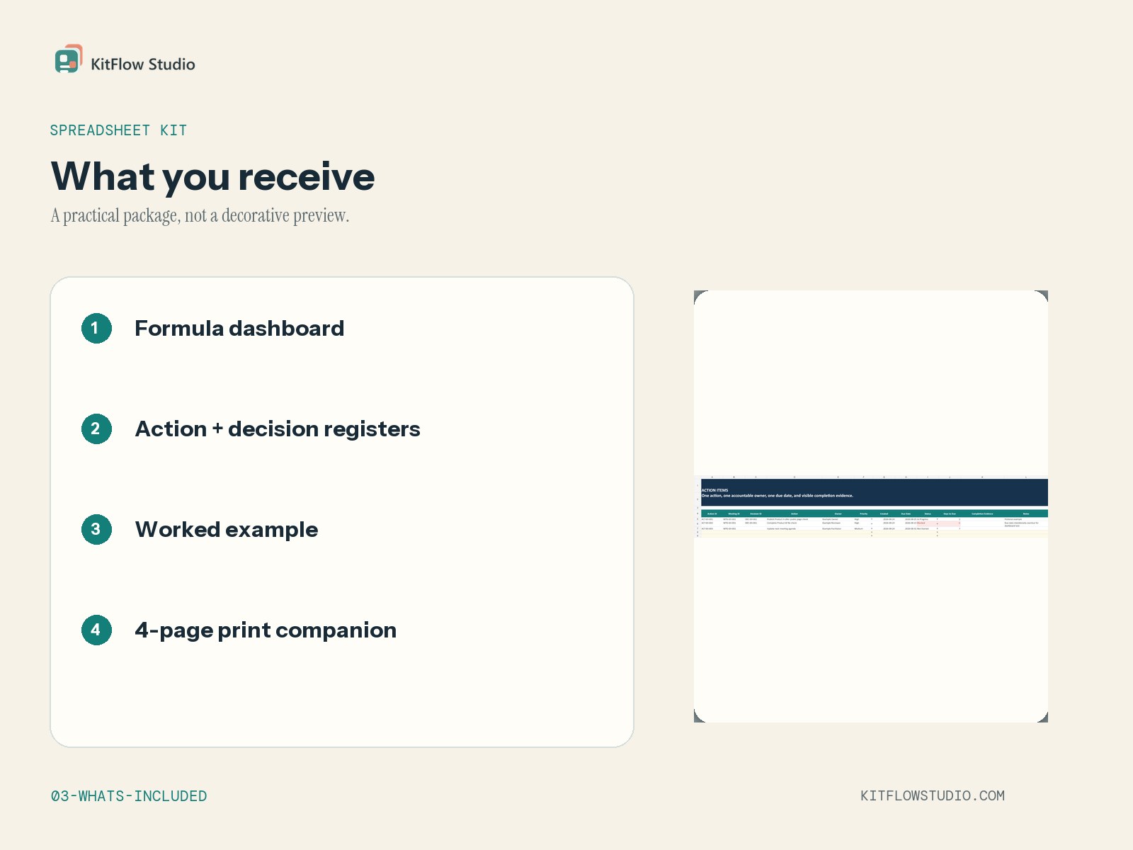 Seven-sheet Excel workbook and printable companion included in the Meeting Decisions tracker