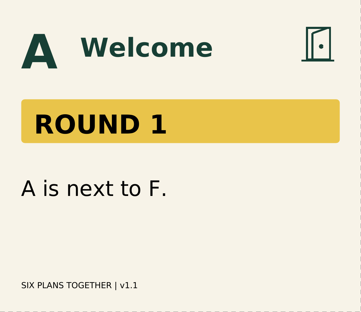 Actual Round 1 Welcome card from Six Plans Together v1.1. It has a large A, an original door icon, the Round 1 heading, and the single condition A is next to F. No full-round answer is shown.