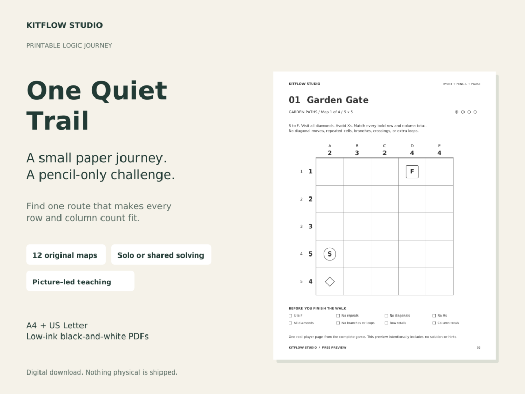 One Quiet Trail: Printable Route Logic Game preview