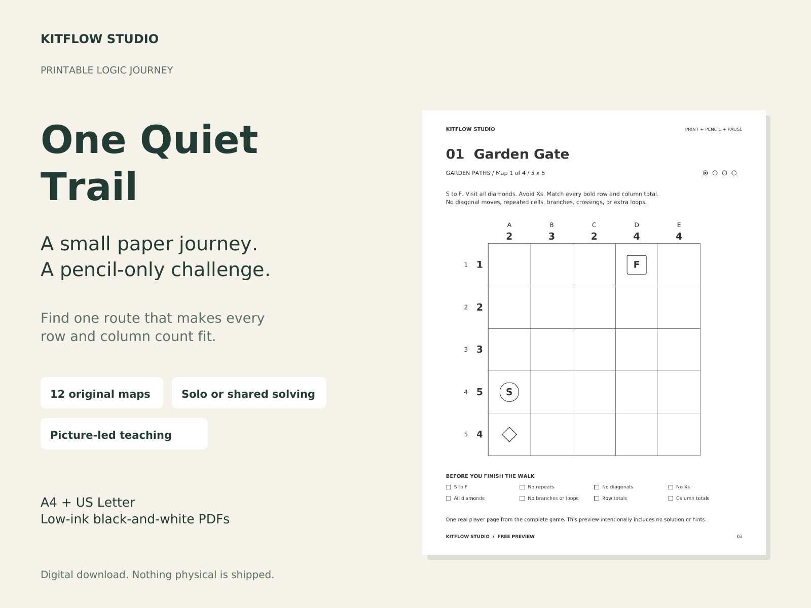 One Quiet Trail paper-and-pencil logic journey with 12 maps, picture teaching, and A4 and Letter PDFs
