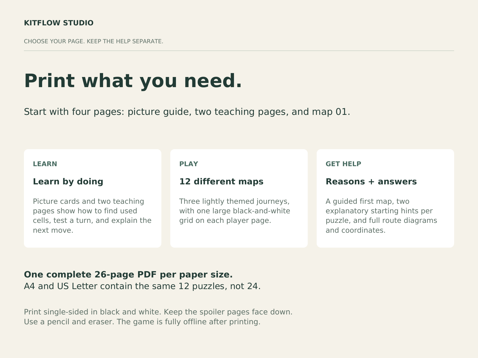 Illustrated rules and step-by-step teaching included in One Quiet Trail